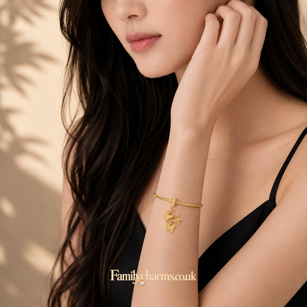 Golden Triple Butterfly Dangle Sterling Silver Charm Hallmarked S925 for Charm Bracelet and Necklace