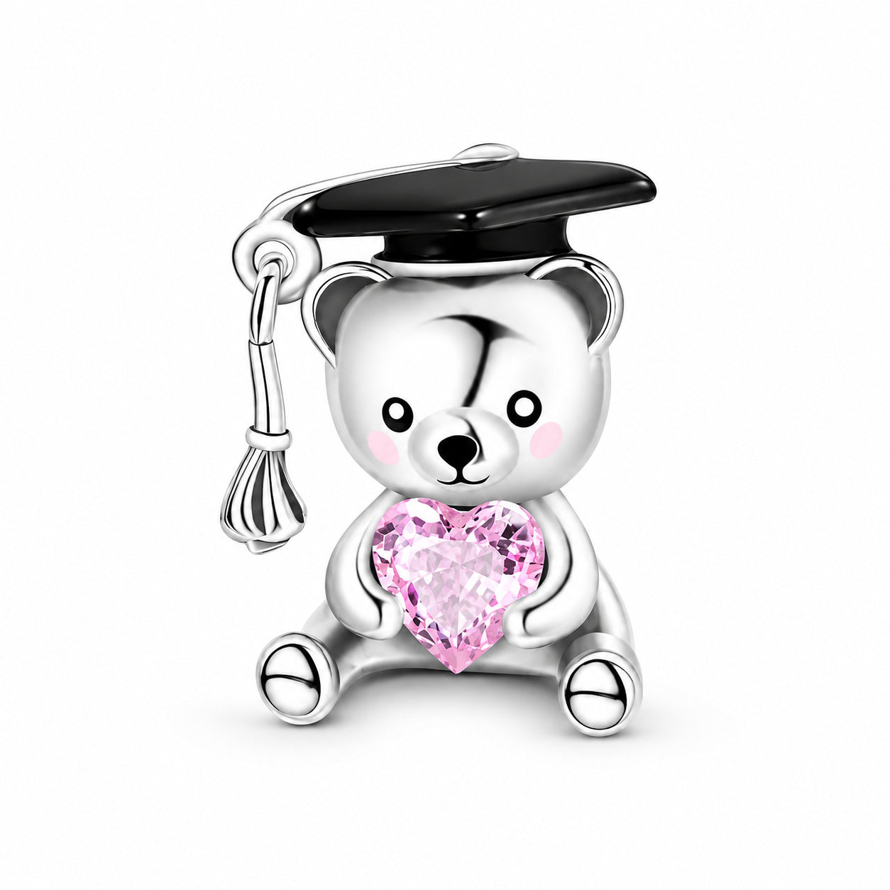 Graduation Bear Charm With Pink Heart Charm Hallmarked S925 for Charm Bracelet and Necklace