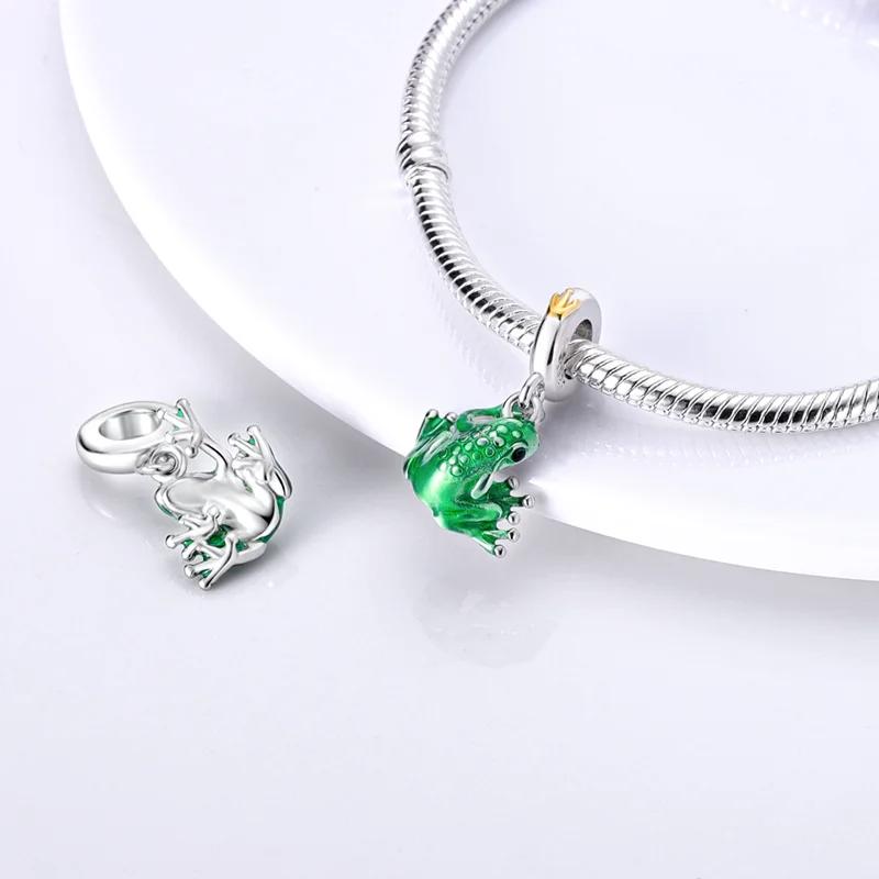 Green Frog Dangle Charm for Bracelet, S925 Sterling Silver