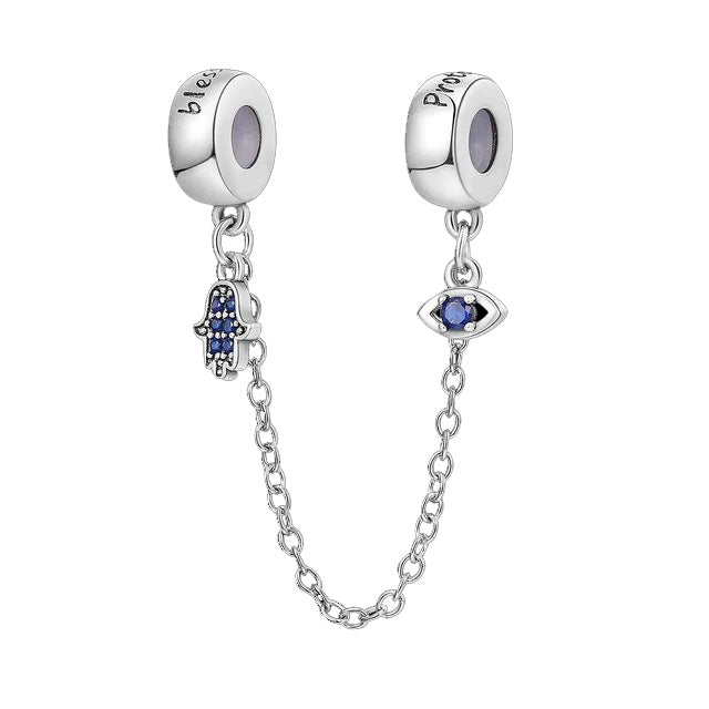 Hamsa Hand Evil Eye Protective Safety Chain Charm for Bracelet, S925 Sterling Silver