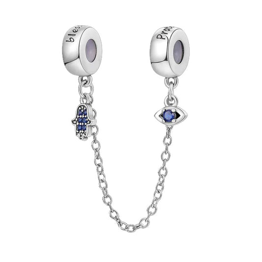 Hamsa Hand Evil Eye Protective Safety Chain Charm for Bracelet, S925 Sterling Silver