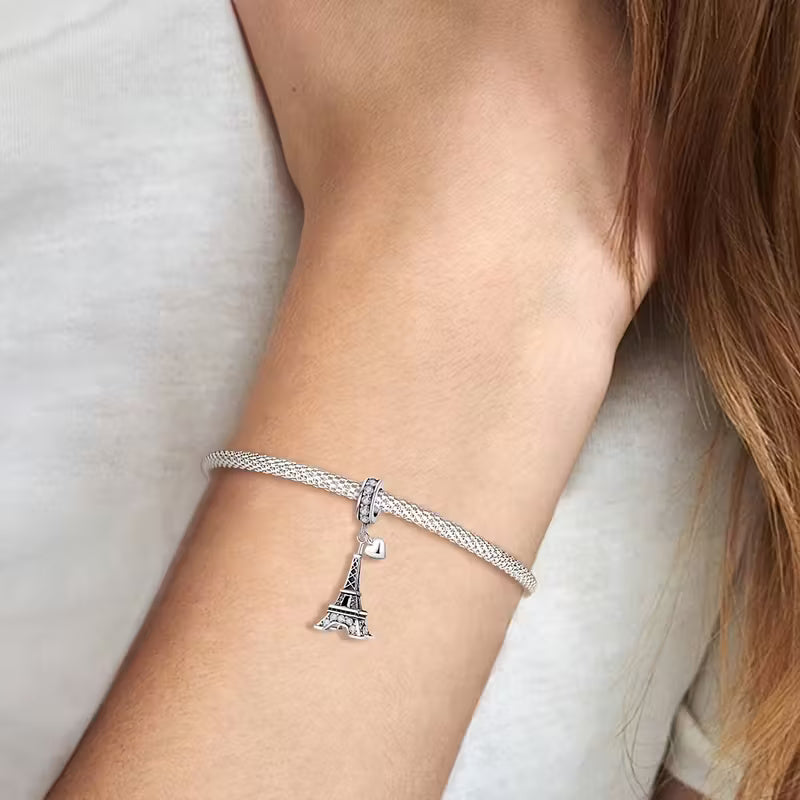 Heart-Shaped Eiffel Tower Sterling Silver Charm Hallmarked S925 for Charm Bracelet and Necklace