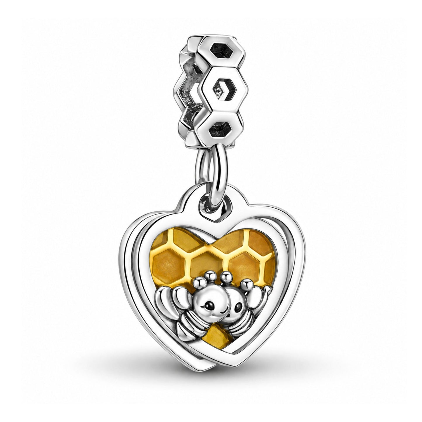 Honey Bee Honeycomb Heart Dangle Sterling Silver Charm Hallmarked S925 for Charm Bracelet and Necklace