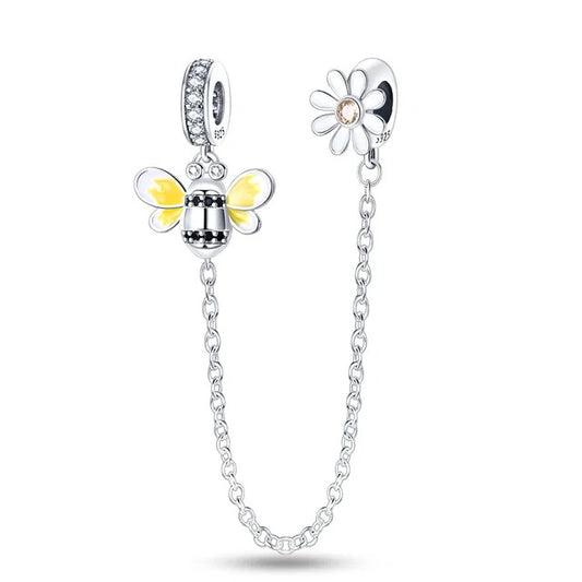 Honey bee and Daisy Flower Safety Chain Charm for Bracelet, S925 Sterling Silver