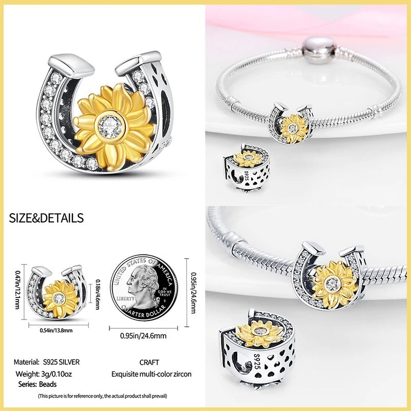 Horseshoe and Sunflower Charm for Bracelet, S925 Sterling Silver