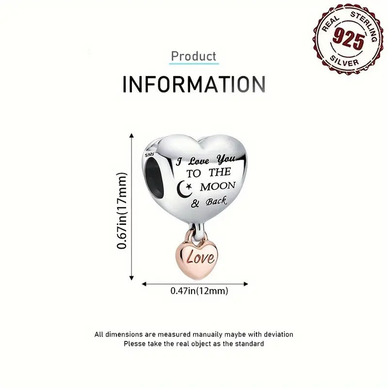 I Love To The Moon and Back Love Charm Bead Sterling Silver Charm Hallmarked S925 for Charm Bracelet and Necklace