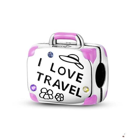 I Love Travel Suitcase Charm for Bracelet, S925 Sterling Silver