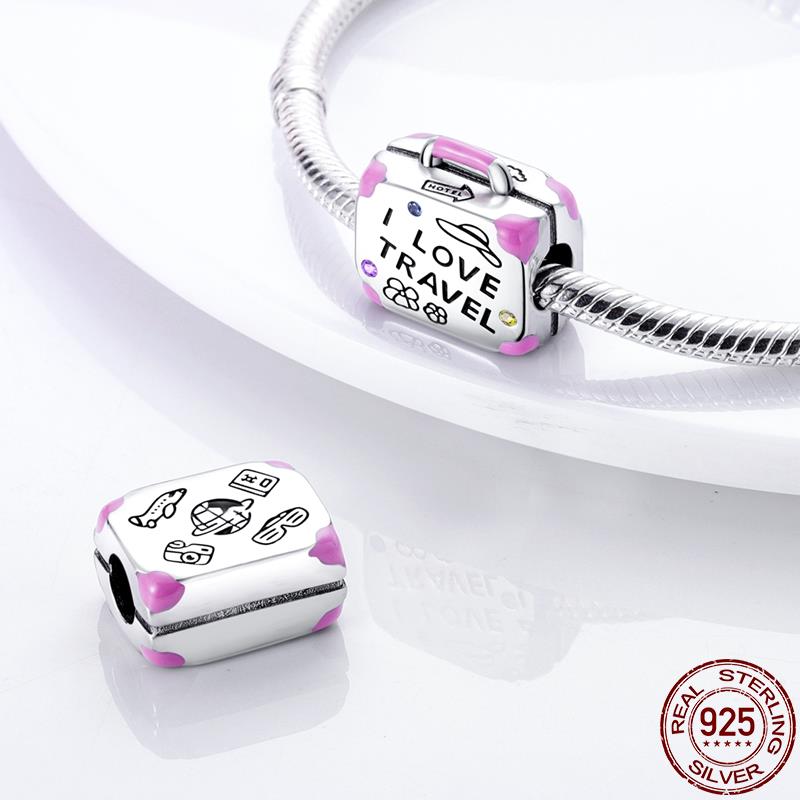 I Love Travel Suitcase Charm for Bracelet, S925 Sterling Silver