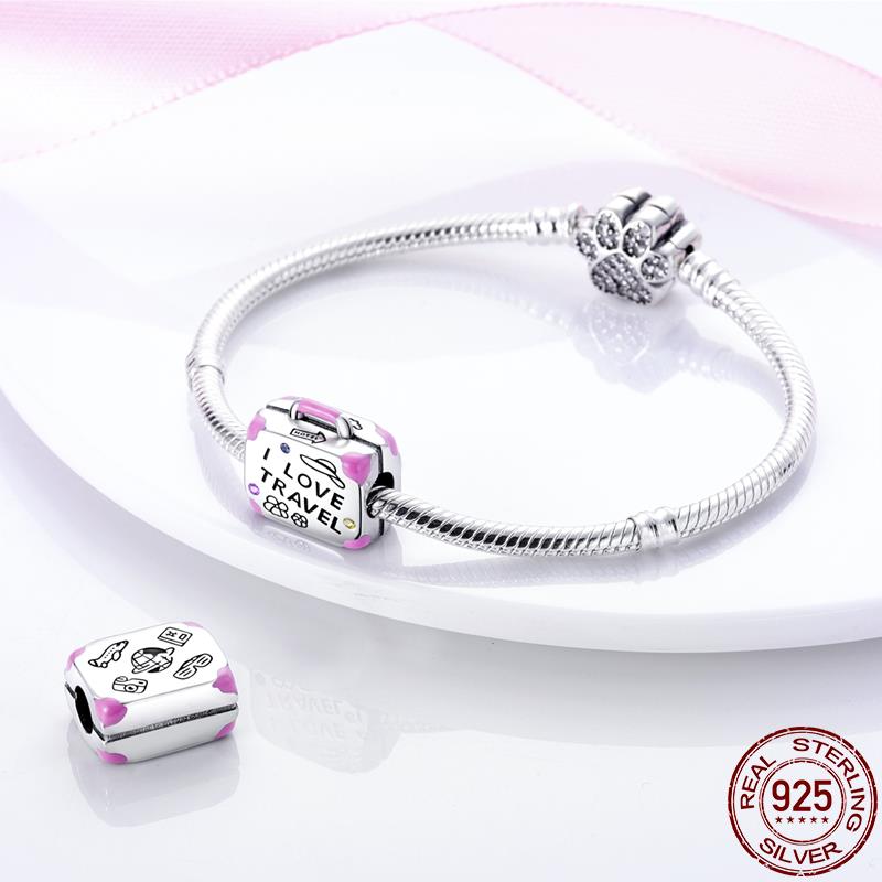 I Love Travel Suitcase Charm for Bracelet, S925 Sterling Silver
