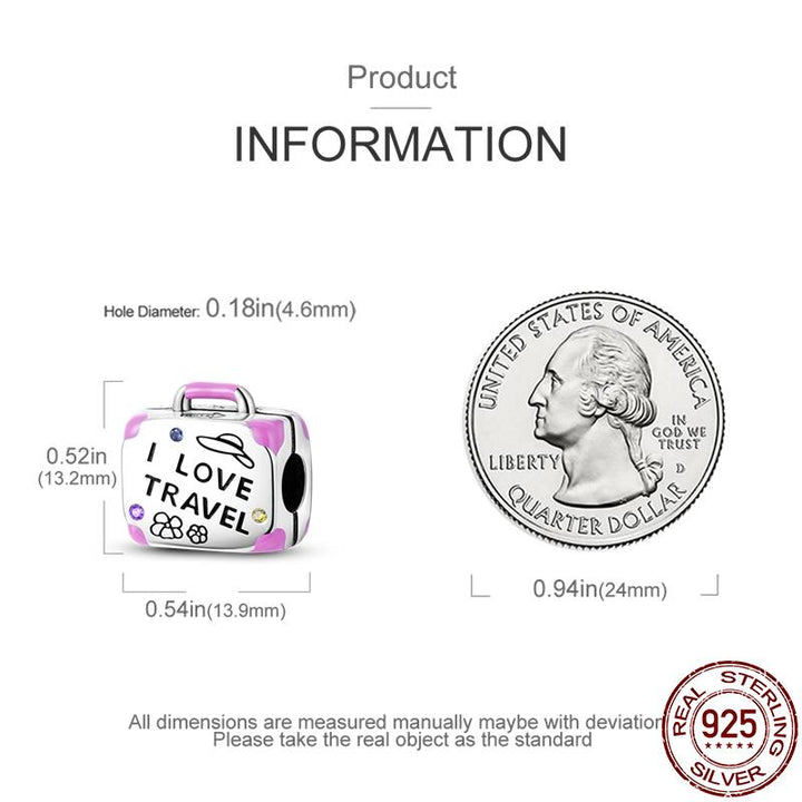 I Love Travel Suitcase Charm for Bracelet, S925 Sterling Silver