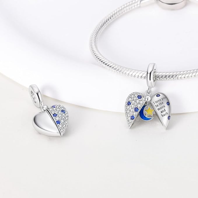 I Love You to the Moon and Back Openable Heart Charm for Bracelet, S925 Sterling Silver