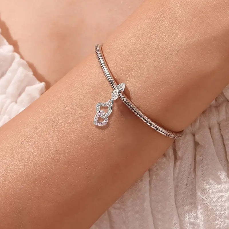 Interlocking Heart Dangle Sterling Silver Charm Hallmarked S925 for Charm Bracelet and Necklace