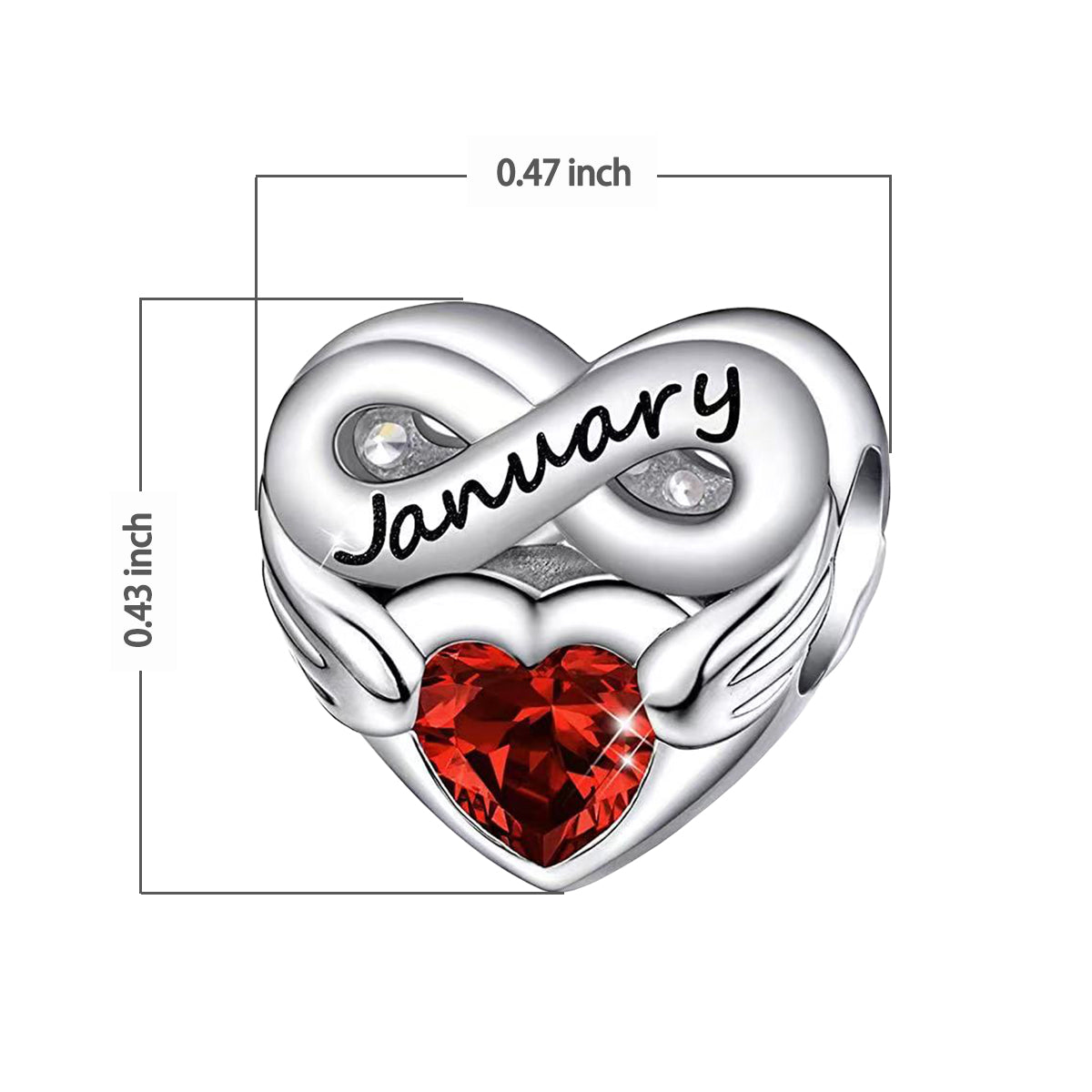 January Birthstone Months Heart Charm for Bracelet, S925 Sterling Silver