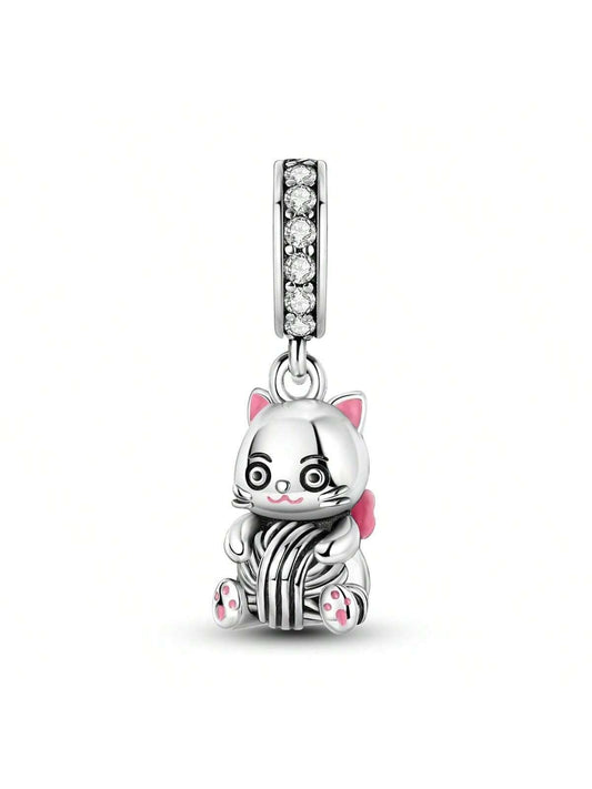 Kitten Yarn Ball Dangle Charm for Bracelet, S925 Sterling Silver