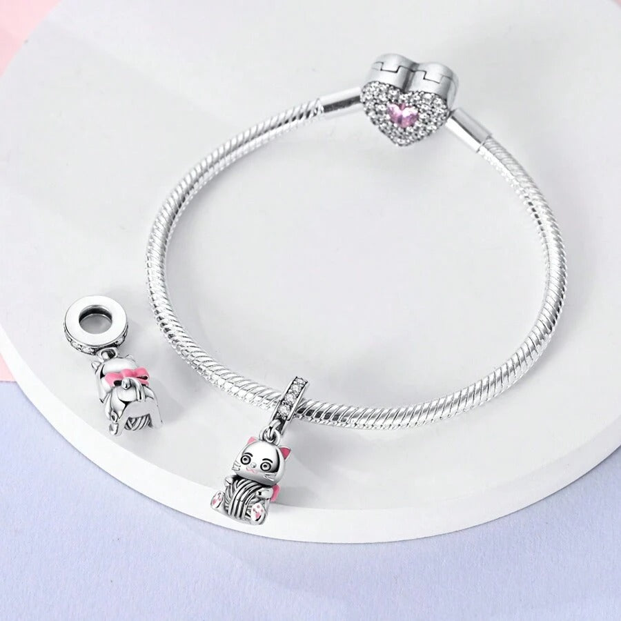Kitten Yarn Ball Dangle Charm for Bracelet, S925 Sterling Silver