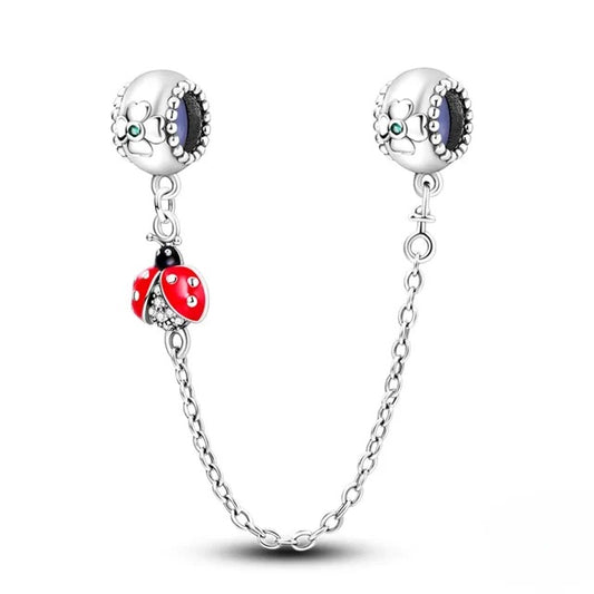Ladybug and Clover Safety Chain Charm for Bracelet, S925 Sterling Silver
