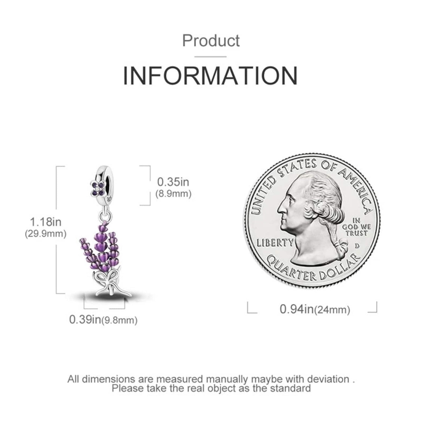 Lavender Flower Dangle Charm for Bracelet, S925 Sterling Silver