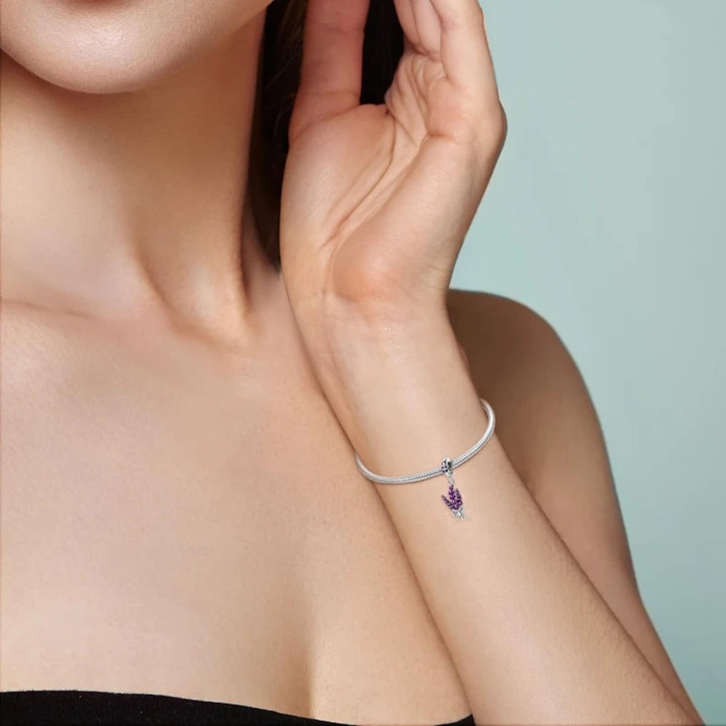 Lavender Flower Dangle Charm for Bracelet, S925 Sterling Silver