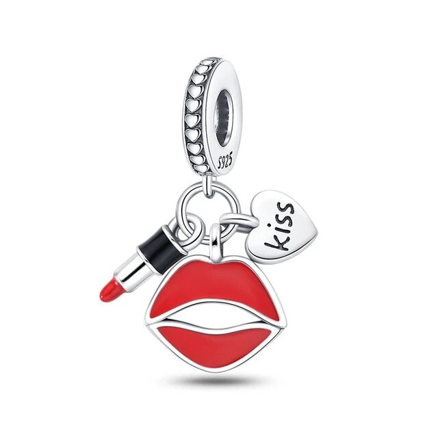 Lipstick, Kiss on Lips Love Charm for Bracelet, S925 Sterling Silver