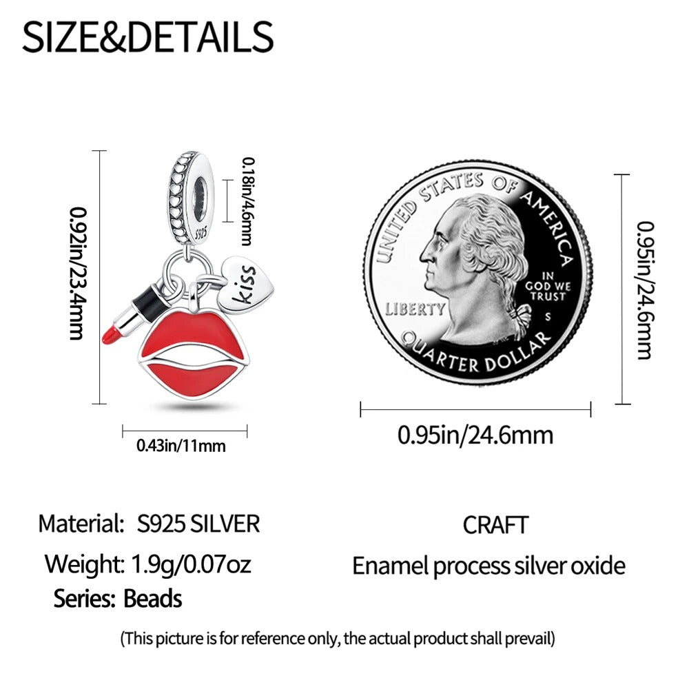 Lipstick, Kiss on Lips Love Charm for Bracelet, S925 Sterling Silver