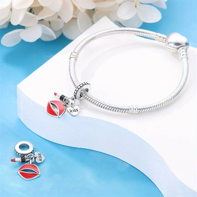 Lipstick, Kiss on Lips Love Charm for Bracelet, S925 Sterling Silver