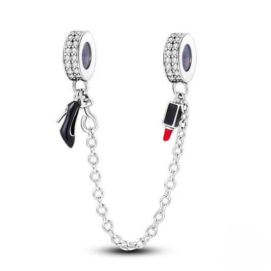 Lipstick and Shoe Safety Chain Charm for Bracelet, S925 Sterling Silver