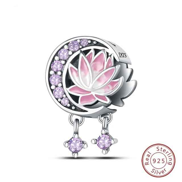 Lotus Moon Floral Charm for Bracelet, S925 Sterling Silver