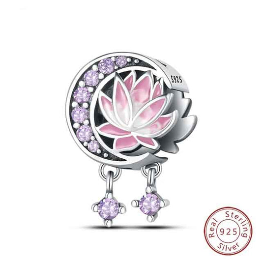 Lotus Moon Floral Charm for Bracelet, S925 Sterling Silver