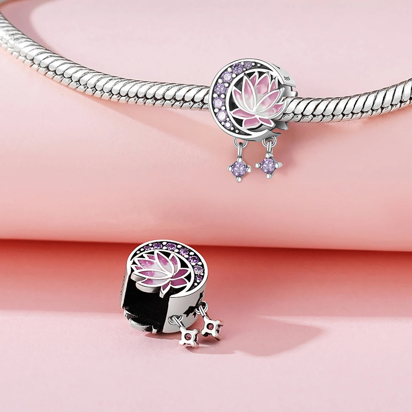 Lotus Moon Floral Charm for Bracelet, S925 Sterling Silver