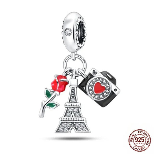 Love Paring Eiffel Tower Dangle Charm for Bracelet, S925 Sterling Silver