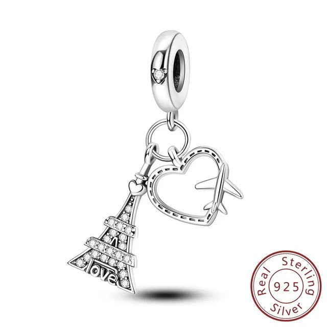 Love Paris Eiffel Tower Charm for Bracelet, S925 Sterling Silver