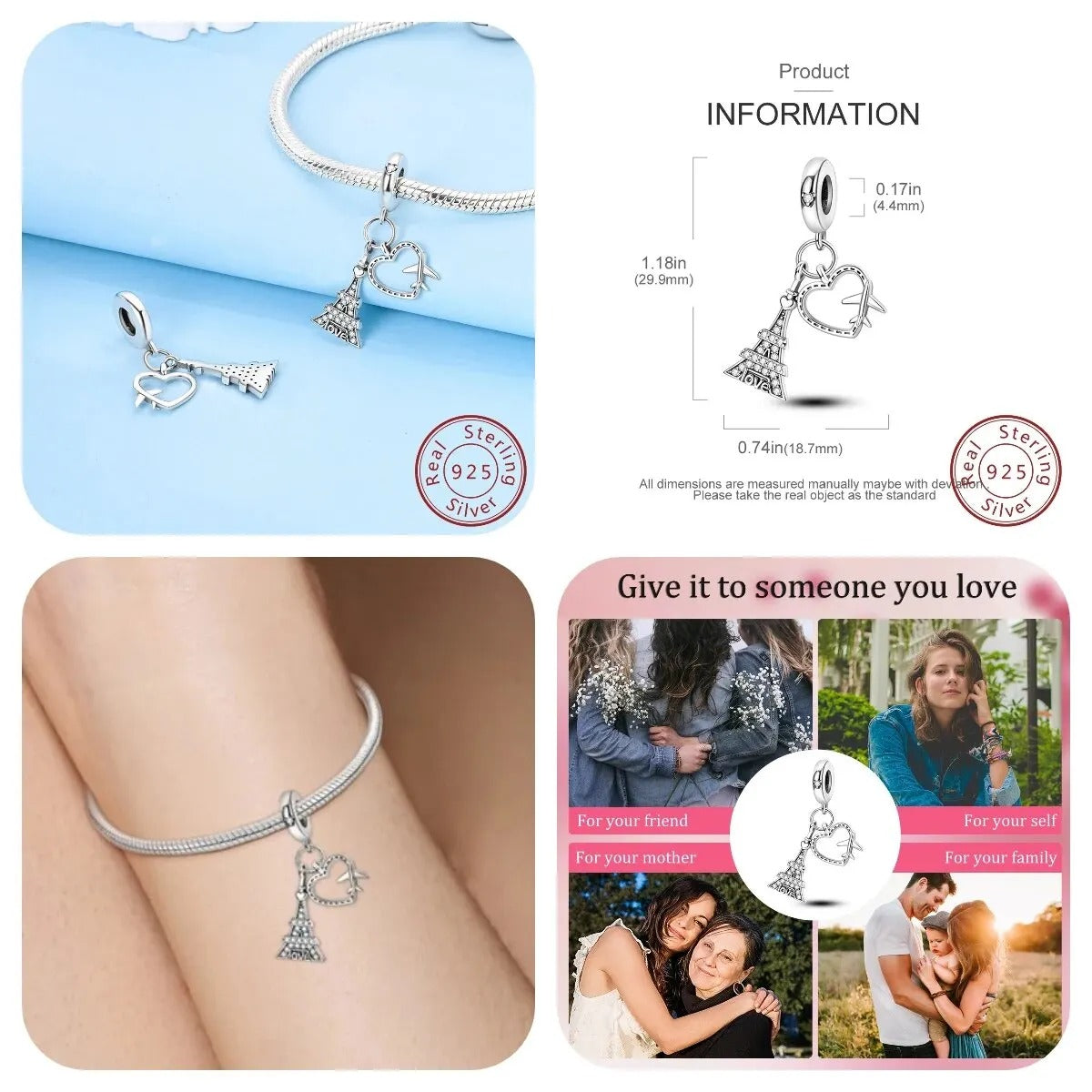 Love Paris Eiffel Tower Charm for Bracelet, S925 Sterling Silver