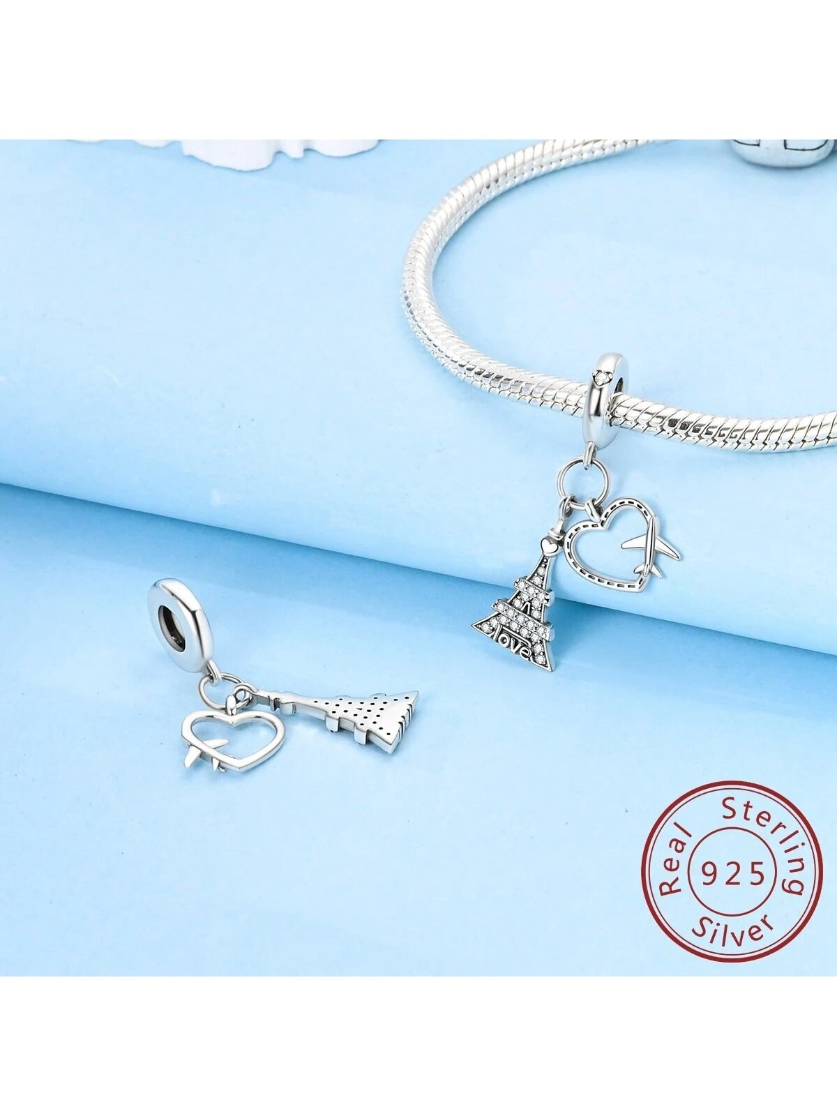 Love Paris Eiffel Tower Charm for Bracelet, S925 Sterling Silver