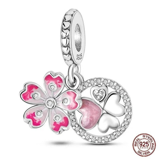 Lucky Clover Pink Cherry Blossom Dangle Charm for Bracelet, S925 Sterling Silver