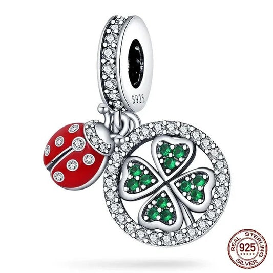 Lucky Four Leaf Clover and Ladybug Dangle Charm for Bracelet, S925 Sterling Silver