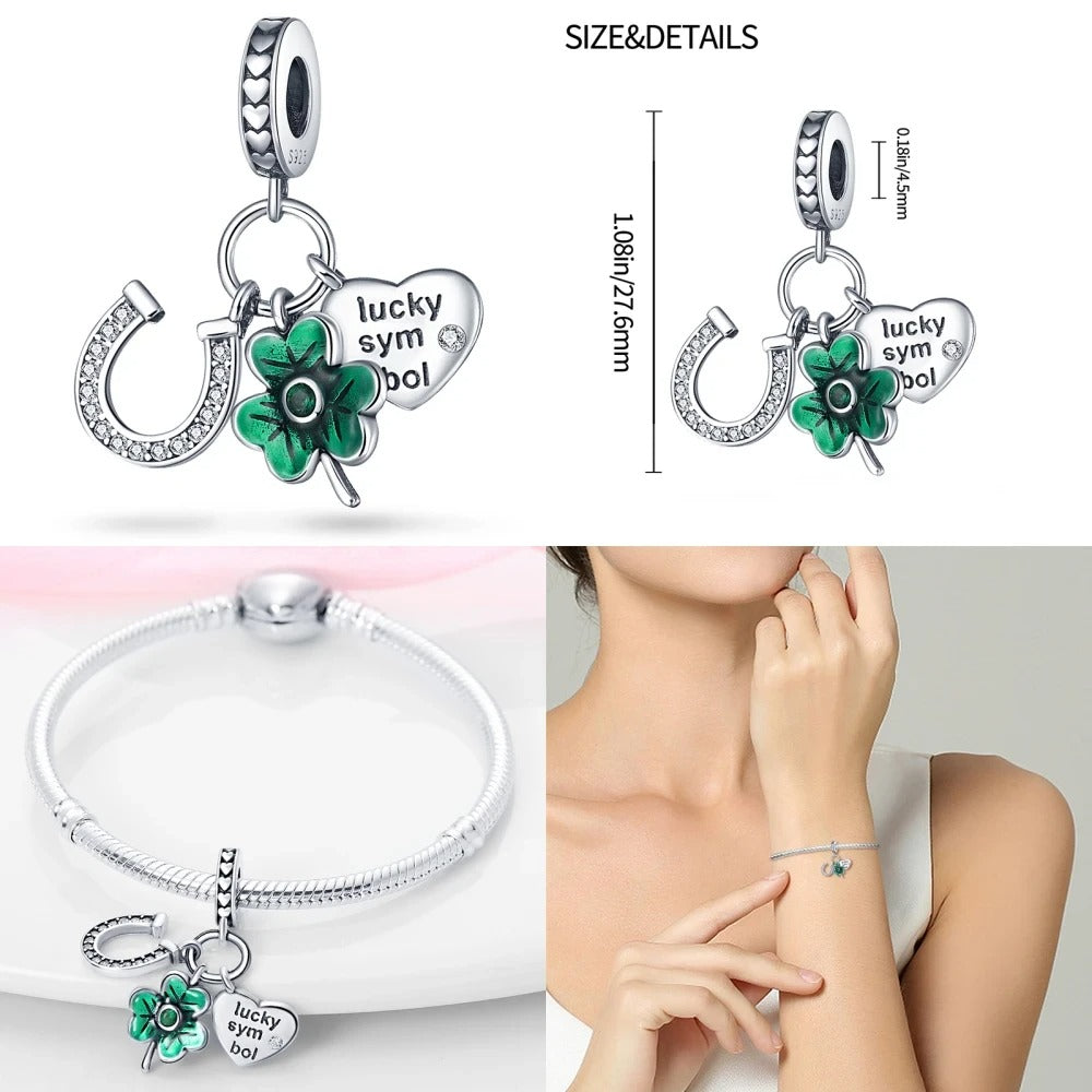 Lucky Horse Shoe Clover Charm for Bracelet, S925 Sterling Silver