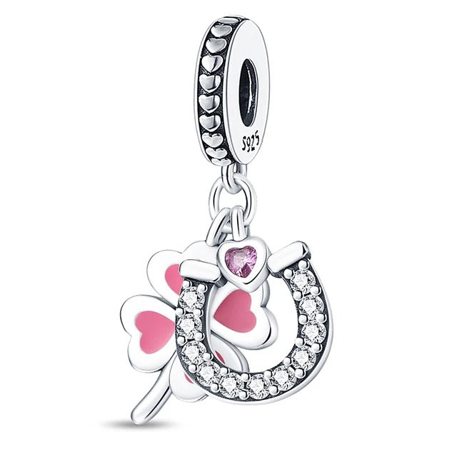 Lucky Horse Shoe Clover Heart Charm for Bracelet, S925 Sterling Silver
