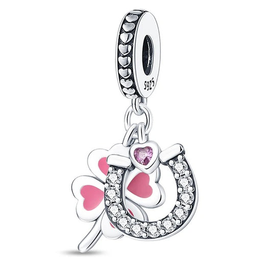 Lucky Horse Shoe Clover Heart Charm for Bracelet, S925 Sterling Silver