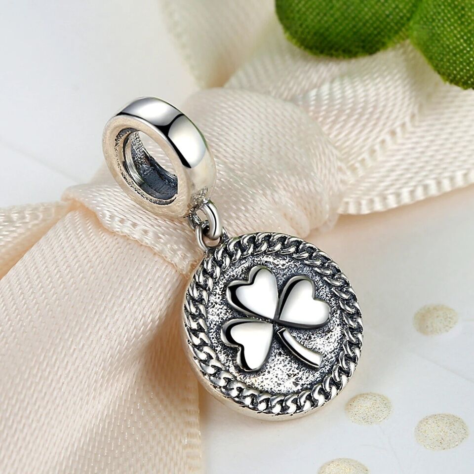 Lucky Irish Clover Leaf Shamrock Charm for Bracelet, S925 Sterling Silver