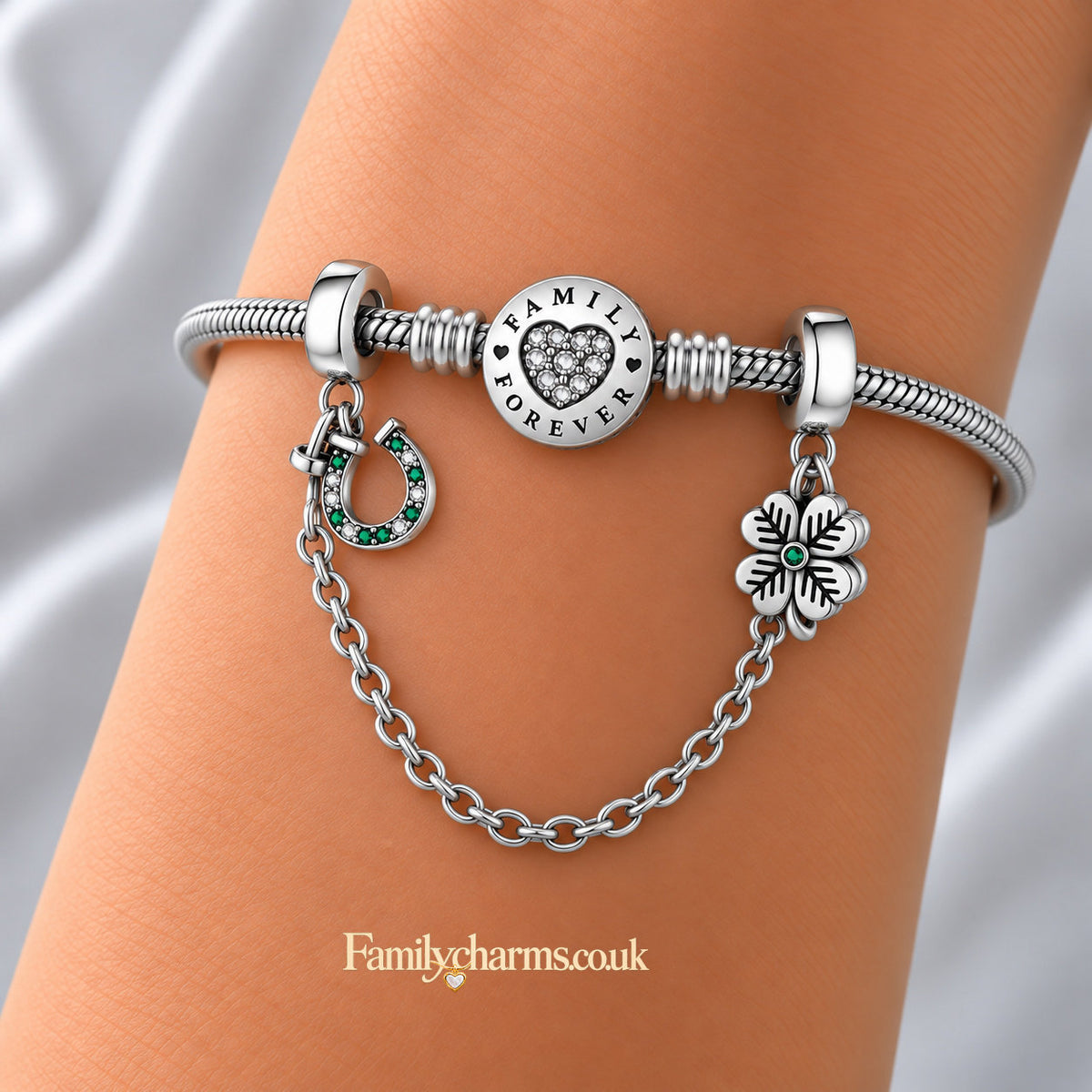 Lucky Shoe Clover Safety Chain Sterling Silver Charm Hallmarked S925 for Charm Bracelet and Necklace