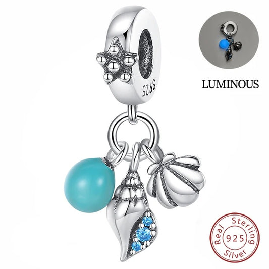 Luminous Seashells Ocean Dangle Charm for Bracelet, S925 Sterling Silver