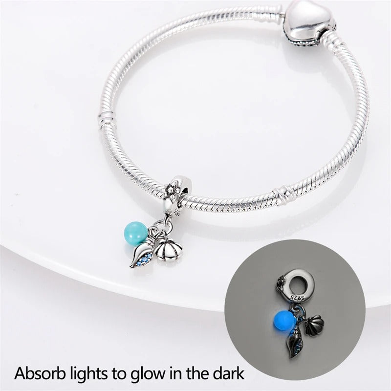 Luminous Seashells Ocean Dangle Charm for Bracelet, S925 Sterling Silver
