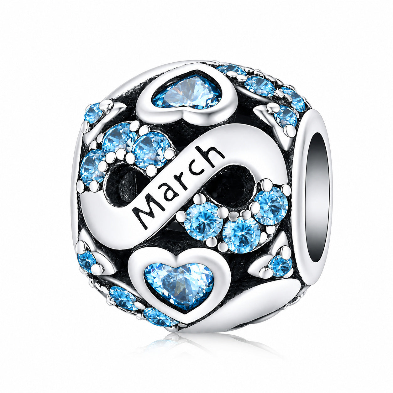 March Birthstone Infinity Birthday Bead Sterling Silver Charm Hallmarked S925 for Charm Bracelet and Necklace