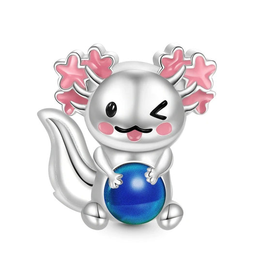 Mexican Axolotl Blue Stone Charm for Bracelet, S925 Sterling Silver