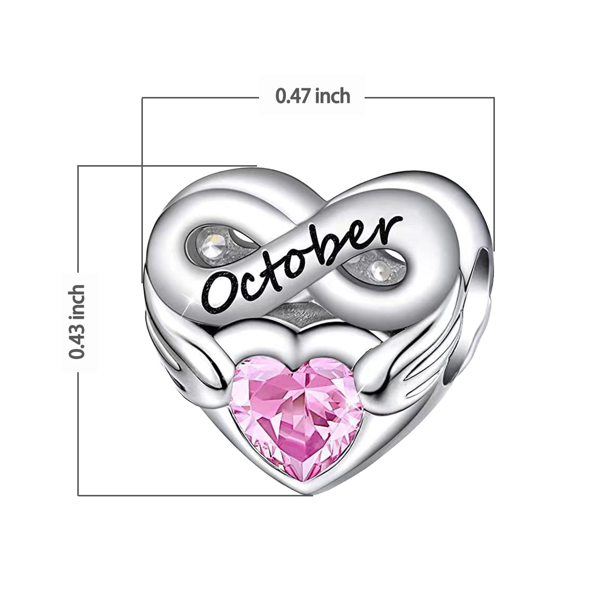 October Birthstone Months Heart Charm for Bracelet, S925 Sterling Silver