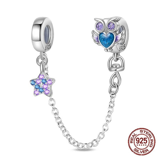 Owl and Star Safety Chain Charm for Bracelet, S925 Sterling Silver