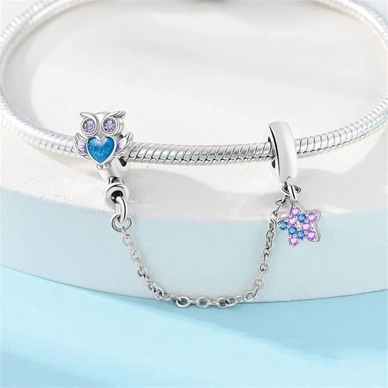 Owl and Star Safety Chain Charm for Bracelet, S925 Sterling Silver