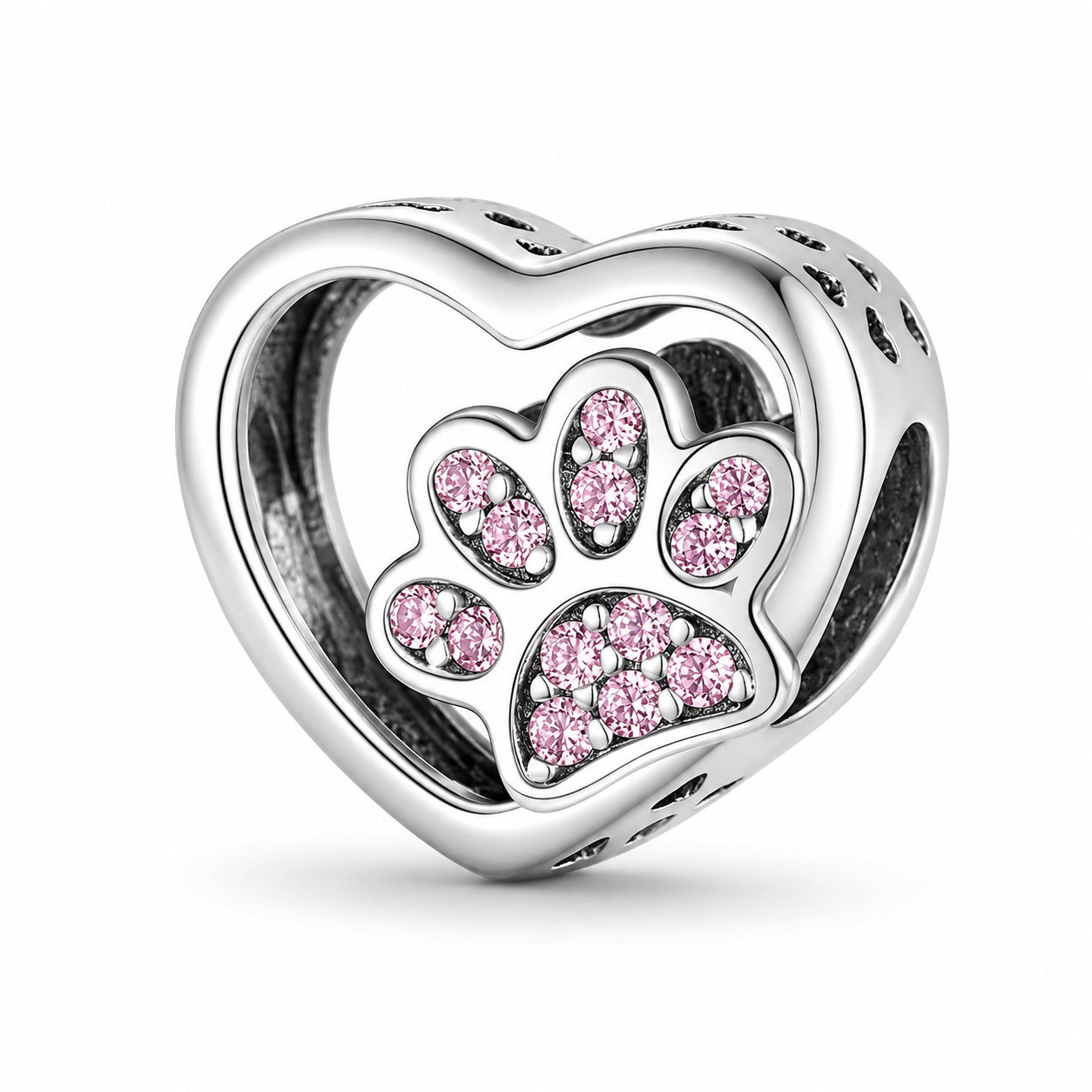 Pink Paw Print Heart Sterling Silver Charm Hallmarked S925 for Charm Bracelet and Necklace