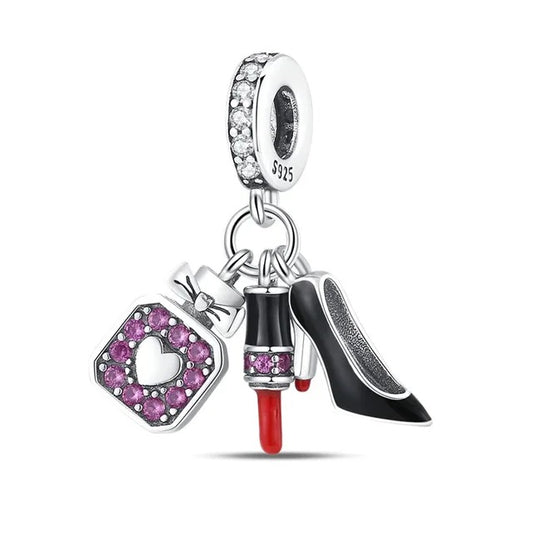 Perfume Lipstick and Shopping Bag Charm for Bracelet, S925 Sterling Silver