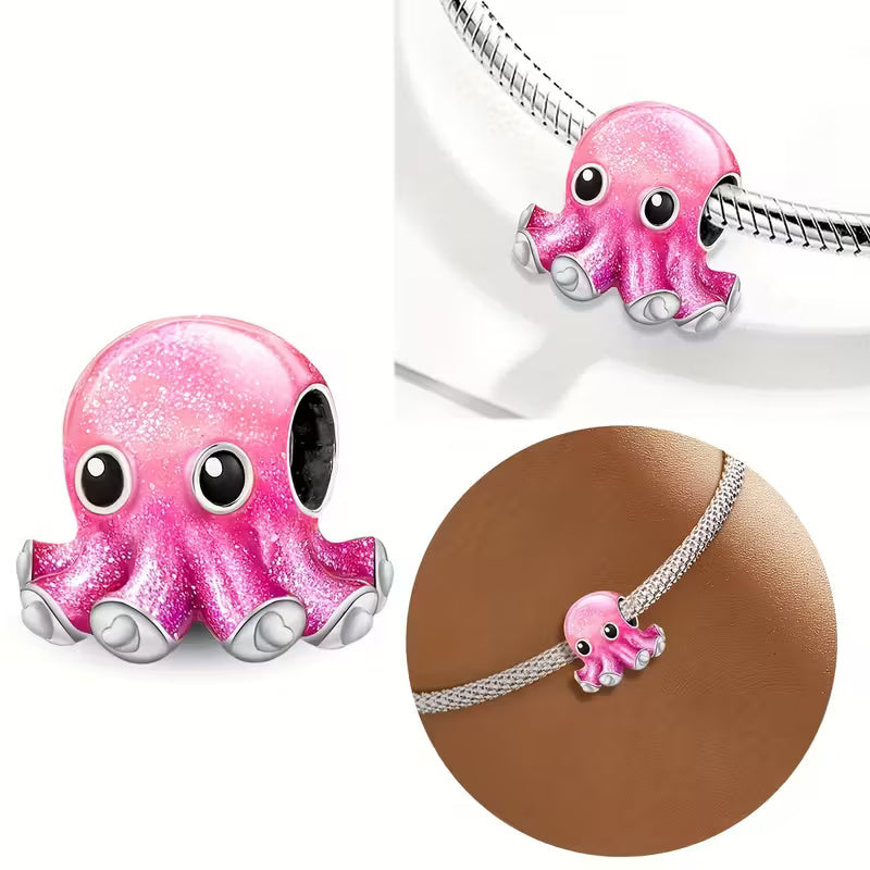 Pink Baby Octopus Sterling Silver Charm Hallmarked S925 for Charm Bracelet and Necklace